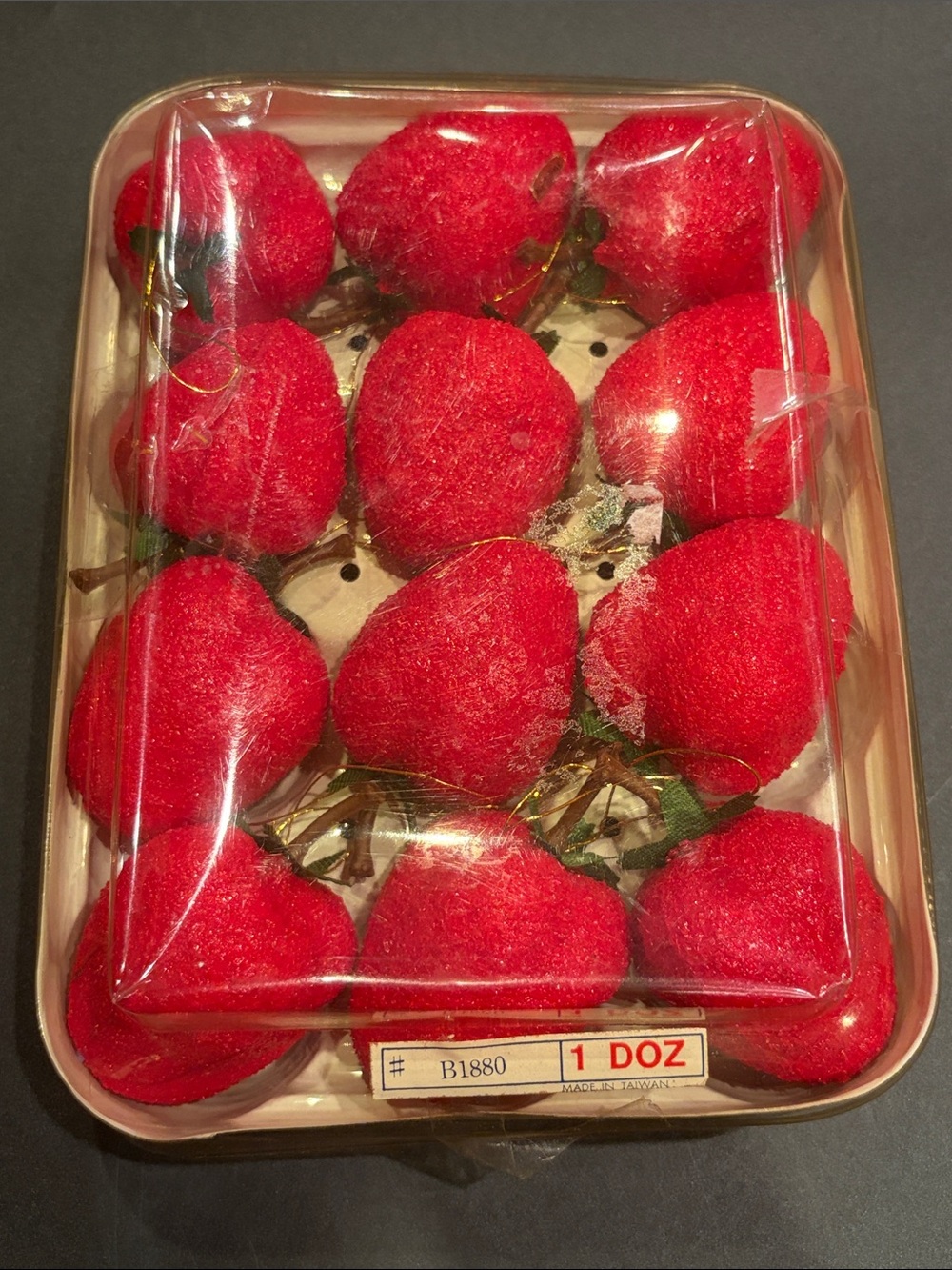 Vintage Sugared Strawberry Ornaments, 12 Berry Ornaments, Original Packaging